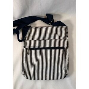 Thirty One Crossbody Purse Organizing Bag Navy White Stripes Pockets